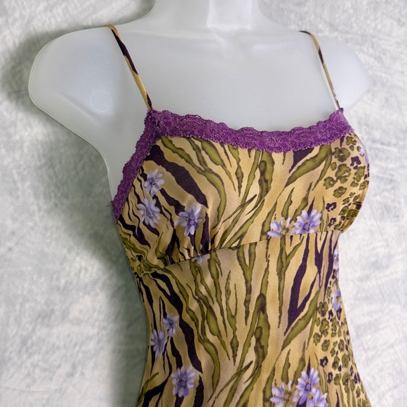 Y2K Mini slip Dress sz s Animal Priny Lace Trim Fairy Grunge Indie lettuce hem - Picture 1 of 10